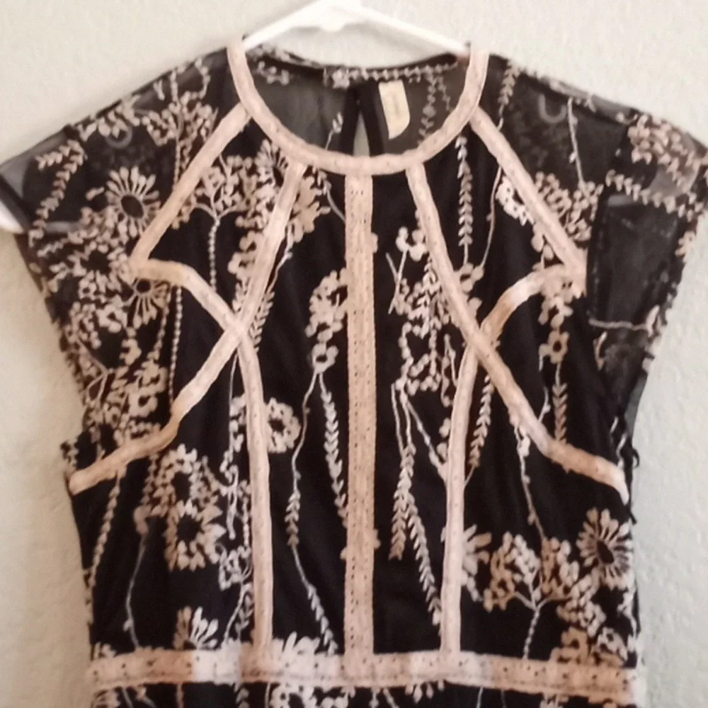 Free People Bohemian Lace Embroidered Coquette Girl Black Cream Feminine Dress - Picture 7 of 7